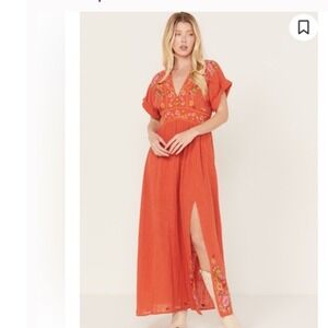 Free people Maisle Maxi Dress In Tiger Red Boho Festival Embroidered size Small